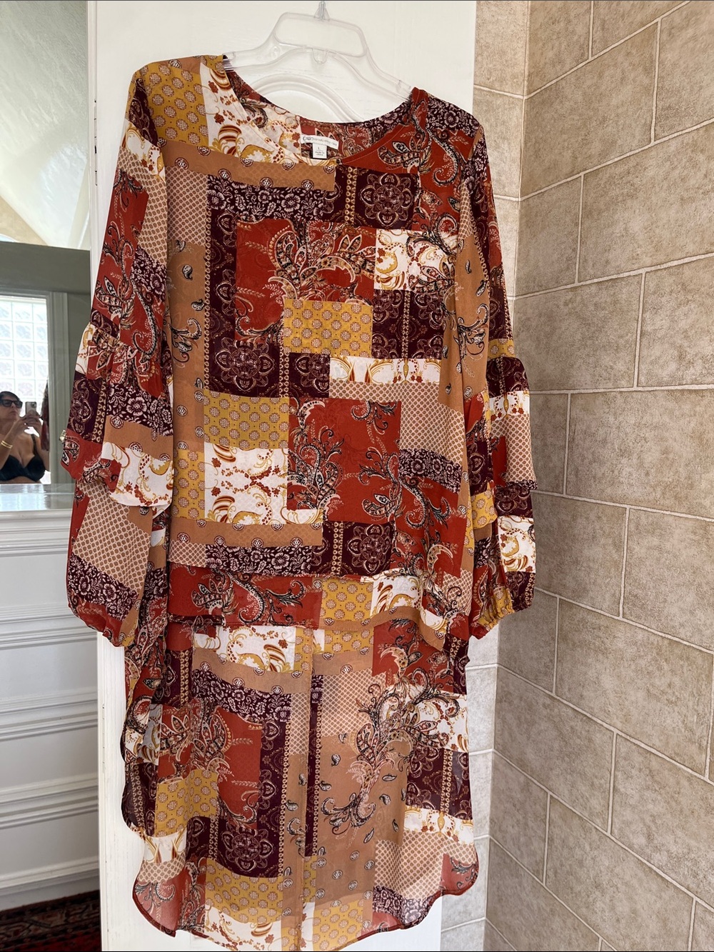 Cato Patchwork Print Long Sleeve Tunic Dress in Rust, Mustard & Cream